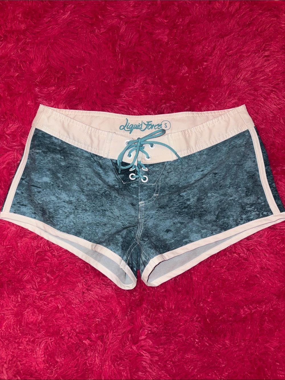 Women's Blue Lace-Up Athletic Swim Shorts with White Trim